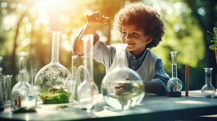 A little boy who dreams of being a scientist is doing a science experiment. - obrazy, fototapety, plakaty
