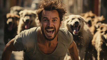 Man screaming front of dogs on street with mouth open tongue out. Concept fear, terror, animals, city, chaos. Advertising, Posters, Books, Movie scenes.