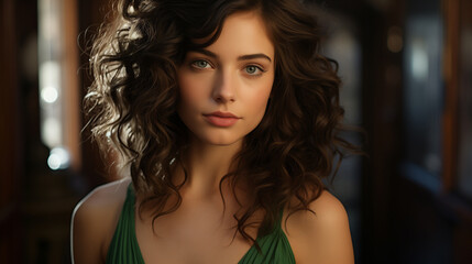 Beautiful young woman with long dark brown curly hair, wearing a green dress. She has a calm and serene expression on her face and her eyes are green.