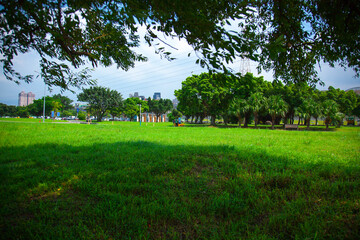 Blue sky and white clouds, river park, bicycle lane, bicycle, exercise
