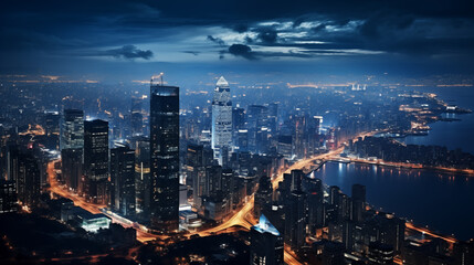 Stunning aerial view of bustling cityscape at night. City is filled with tall skyscrapers, illuminated streets, large body of water in distance. Sky is dark and cloudy, adding dramatic touch to scene.