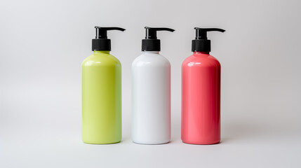 Vivid trio of bottles with sleek black caps. Versatile packaging visuals for cosmetics, beverages, or product branding.