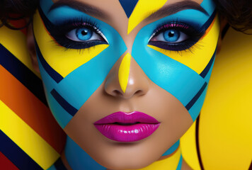 Artistic makeup with vibrant geometric patterns on a woman's face.