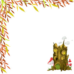square frame with a small forest house and autumn herbs and leaves on a white background