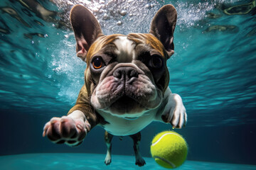Frontal view of a determined French Bulldog underwater, reaching for a tennis ball, surrounded by bubbles.