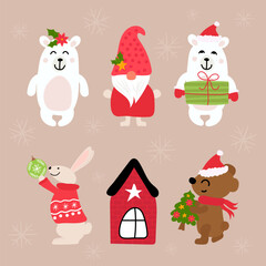 christmas bear bunny and gnome in outerwear