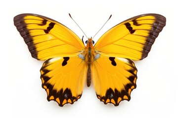 A yellow and black butterfly on a white background