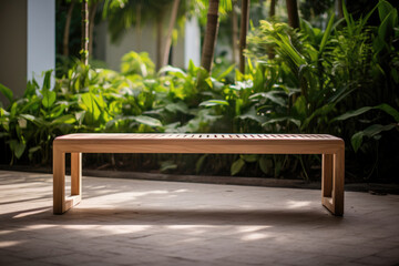 Obraz premium Sleek wooden bench in a lush garden setting, blending nature with minimalist design.
