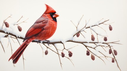 a vibrant cardinal, its striking red plumage contrasted against a white background, capturing the essence of winter's natural artistry and the charm of these iconic birds.