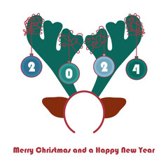 Merry Christmas and a Happy New Year 2024 card with reindeer antlers headband and baubles on white background vector illustration