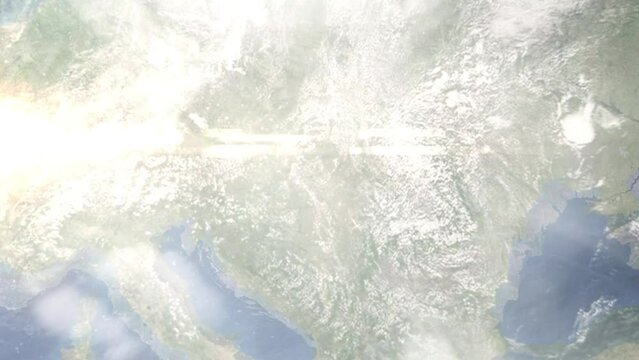 Zoom in from space and focus on Cegled, Hungary. 3D Animation. Background for travel intro. Elements of this image furnished by NASA
