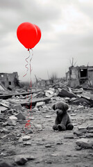 Rubble of war. Sad teddy bear and red balloons in war scene.