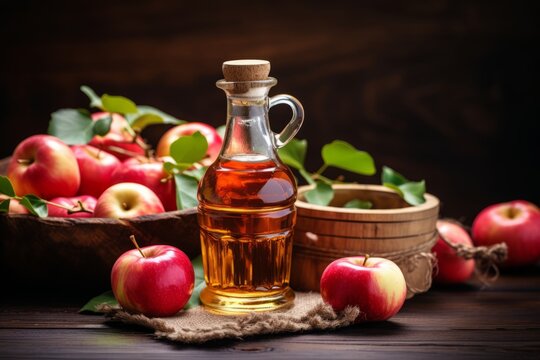 A traditional glass bottle of organic apple cider vinegar amidst fresh apples on a wooden kitchen countertop