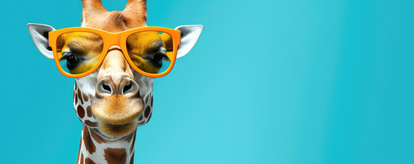 Stylish giraffe with oversized orange sunglasses, teal background.