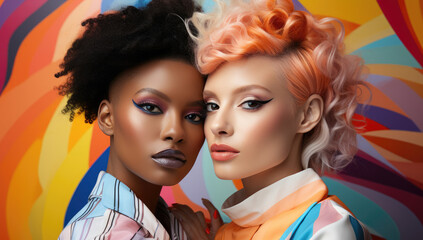 Two lesbian woman models with stunning makeup and stylish hair pose confidently, one with afro-textured hair and the other with pastel curls, against a vibrant, multicolored background.