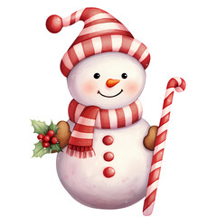 Cute Snowman Candy Cane Christmas Watercolor Clipart Illustration