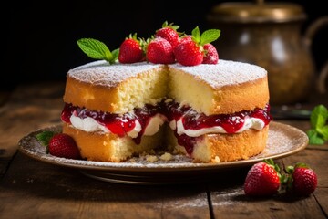 A sumptuous Victoria sponge cake filled with fresh strawberries and cream on a vintage wooden table