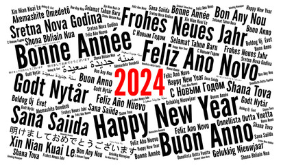 Happy New Year 2024 word cloud in different languages	