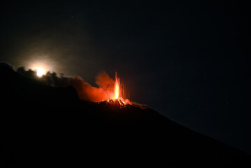 Volcanic eruption of the Stromboli located on Stromboli Island next to Sicily.