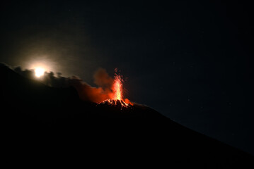 Volcanic eruption of the Stromboli located on Stromboli Island next to Sicily.