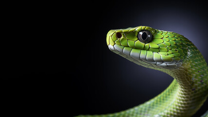 Green snake in alert position isolated on gray background - obrazy, fototapety, plakaty