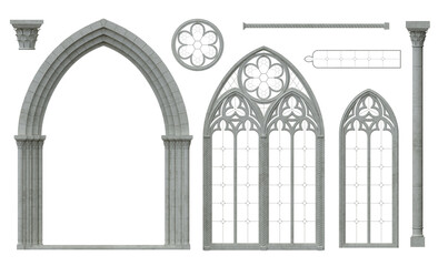 3D illustration. Set of gothic cathedral window elements textures - obrazy, fototapety, plakaty