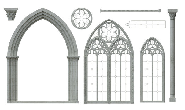 3D illustration. Set of gothic cathedral window elements textures