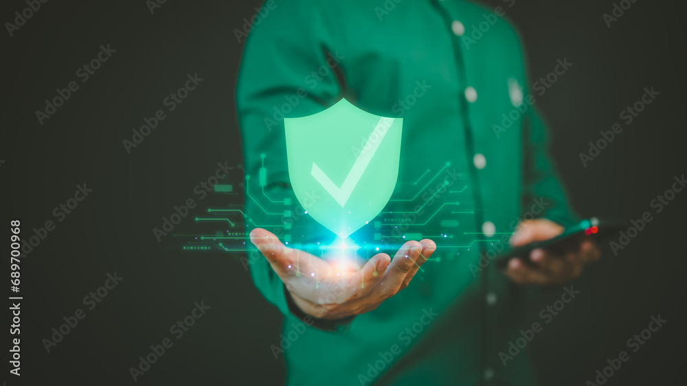 Poster User hand show the shield identity proofing icon for security protection system on virtual screen. Quality assurance of business service. Certified guarantee approval or secure access system concept.