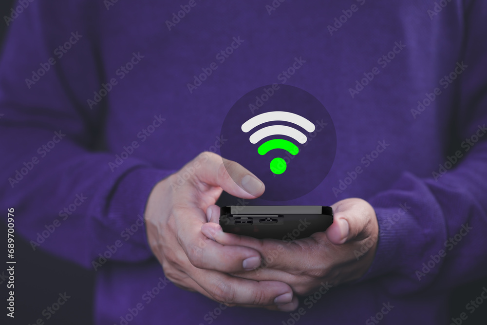 Poster Man using a mobile phone connect to wifi but wifi signal is very weak, concept technology of waiting for connect to wifi.