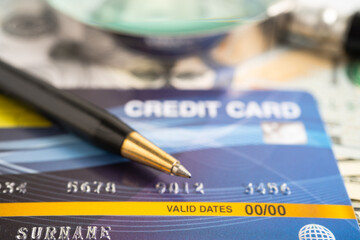 Credit card model on graph spreadsheet paper. Finance development, Banking Account, Statistics,...