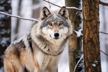 Obraz premium A wolf standing in the snow next to a tree