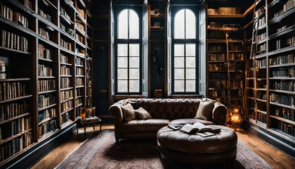 elegant living room with brown sofa and also a library