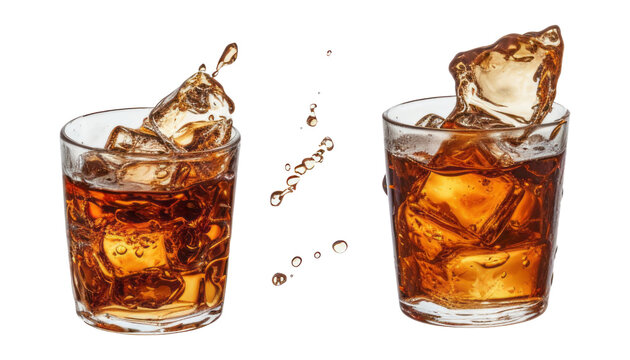 glass of cola with ice isolated on transparent background cutout