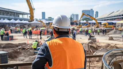 Worker contractor wearing hard hat and safety vests standing on idustrial building construction site. Engineering, construction site and team outdoor for building project.
