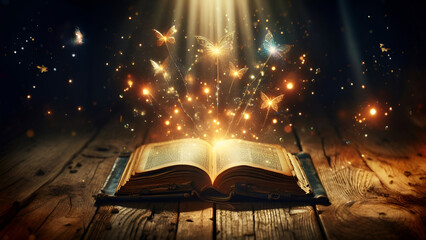 opened Old Book With Magic Lights On old wooden floor