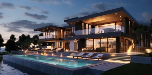 Fototapeta premium A large house with a swimming pool in front of it