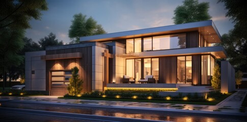 A rendering of a modern house at night
