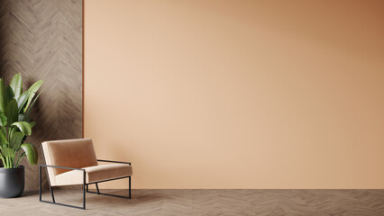 Peach fuzz is a trend color year 2024 in the luxury living room. Painted mockup wall for art - peach pastel colour. Blank modern room design interior home. Accent premium lounge office. 3d render  © Viktoriia Lytvyn