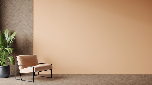 Peach fuzz is a trend color year 2024 in the luxury living room. Painted mockup wall for art - peach pastel colour. Blank modern room design interior home. Accent premium lounge office. 3d render 
