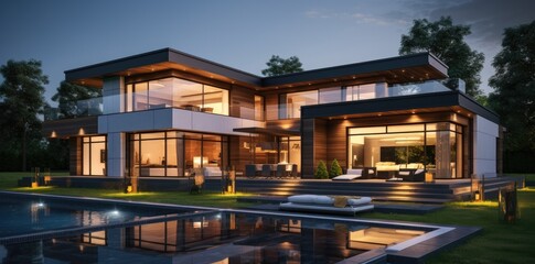 Fototapeta premium A large house with a pool in front of it