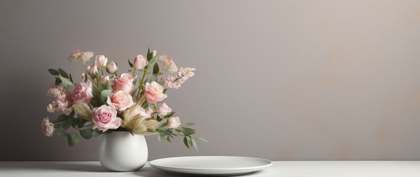 A white vase filled with pink flowers next to a plate