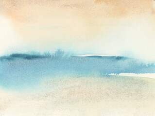 Ink watercolor hand drawn smoke flow stain blot landscape on wet paper texture background. Beige, blue colors.