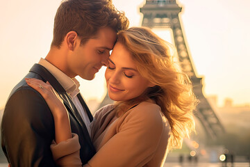 Naklejka premium Image generated with AI. Couple in love with the Eiffel tower behind