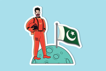 Astronaut standing with flag on moon sticker design vector illustration. Science technology icon concept. Astronaut man sticker design logo icon with shadow.