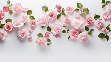 Obraz premium A group of pink roses with green leaves on a white background