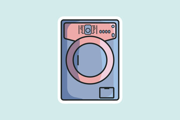 Electric Washing Machine Sticker vector illustration. Technology object icon concept. Modern laundromat, appliance for household chores. Front view of washing machine sticker design with shadow.
