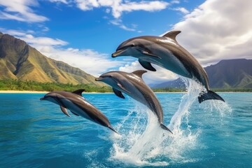 A group of dolphins jumping out of the water
