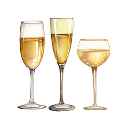 Set of  champagne in tall glasses. Watercolor illustration  Ai Generate