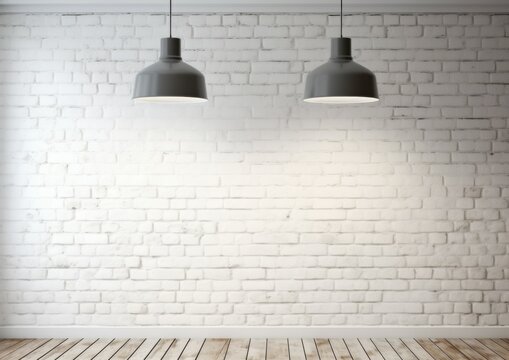 Fototapeta Retro interior room with white brick wall and white wooden floor and spotlights