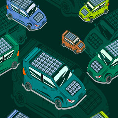 Editable Dark Background Isometric-like Three-Quarter Top View Solar Electric Car Vector Illustration Seamless Pattern for Futuristic Eco-friendly Vehicle and Green Life or Renewable Energy Campaign